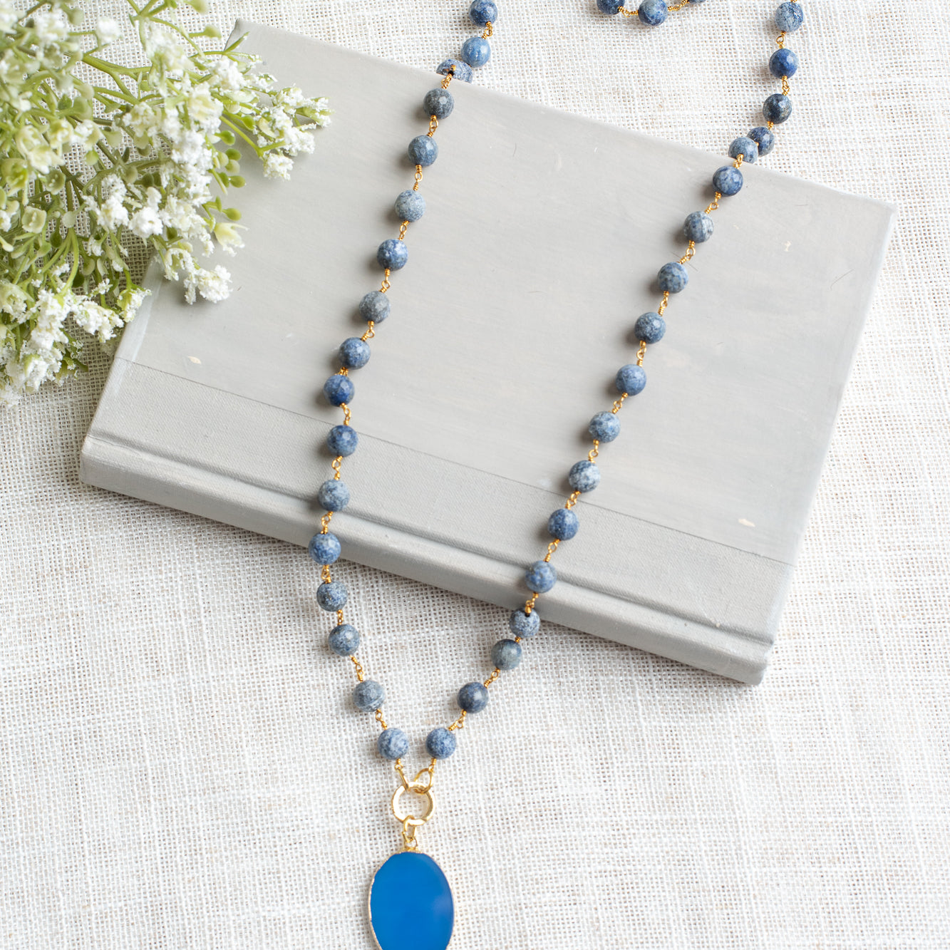 Gold Pavé Christian Cross with Blue Agate Bail on Sodalite Stone and Gold Rosary Chain Necklace