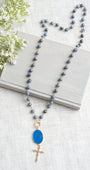 Gold Pavé Christian Cross with Blue Agate Bail on Sodalite Stone and Gold Rosary Chain Necklace