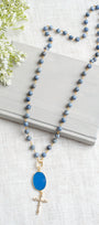 Gold Pavé Christian Cross with Blue Agate Bail on Sodalite Stone and Gold Rosary Chain Necklace