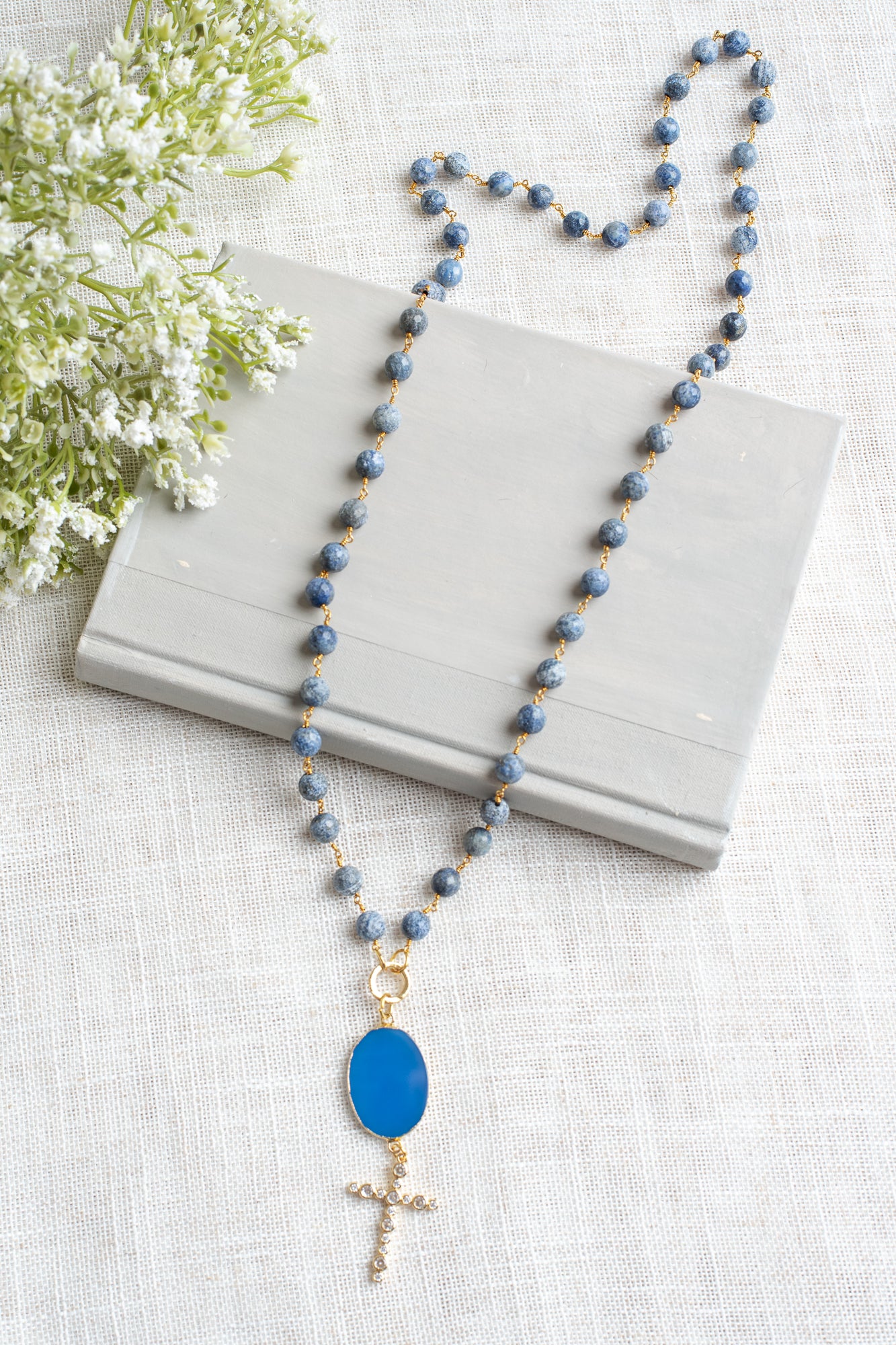 Gold Pavé Christian Cross with Blue Agate Bail on Sodalite Stone and Gold Rosary Chain Necklace