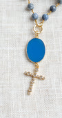 Gold Pavé Christian Cross with Blue Agate Bail on Sodalite Stone and Gold Rosary Chain Necklace