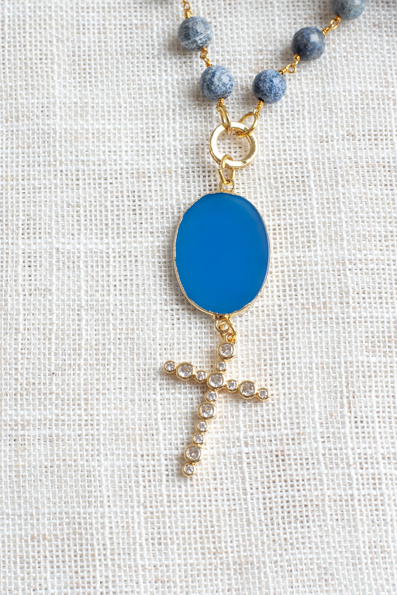 Gold Pavé Christian Cross with Blue Agate Bail on Sodalite Stone and Gold Rosary Chain Necklace