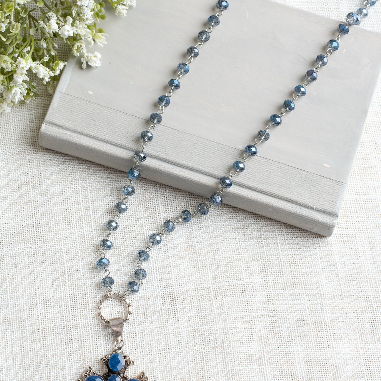 Ornate Blue Sapphire Sterling Silver Christian Cross Pendant on a Blue Crystal Rosary Chain Necklace