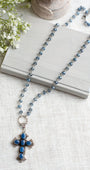 Ornate Blue Sapphire Sterling Silver Christian Cross Pendant on a Blue Crystal Rosary Chain Necklace