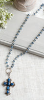 Ornate Blue Sapphire Sterling Silver Christian Cross Pendant on a Blue Crystal Rosary Chain Necklace