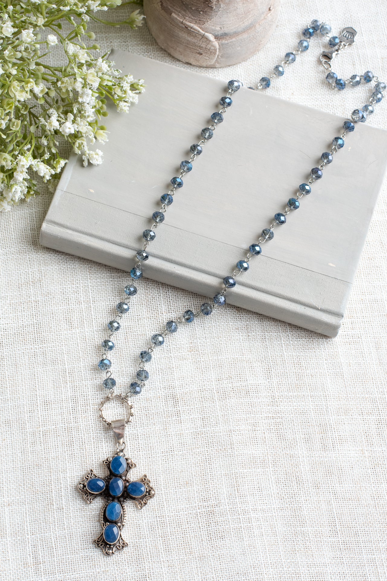 Ornate Blue Sapphire Sterling Silver Christian Cross Pendant on a Blue Crystal Rosary Chain Necklace