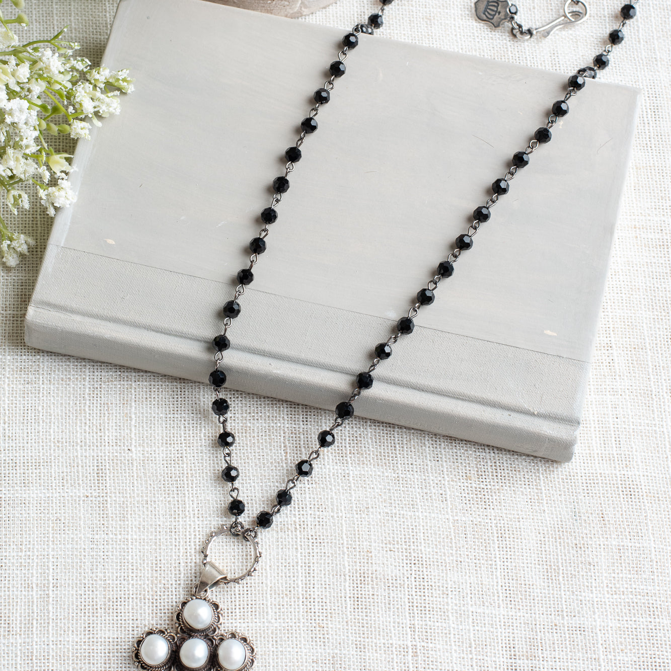 Ornate Pearl Sterling Silver Cross Pendant on a Black Crystal Rosary Chain Necklace