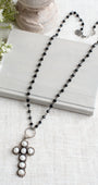 Ornate Pearl Sterling Silver Cross Pendant on a Black Crystal Rosary Chain Necklace