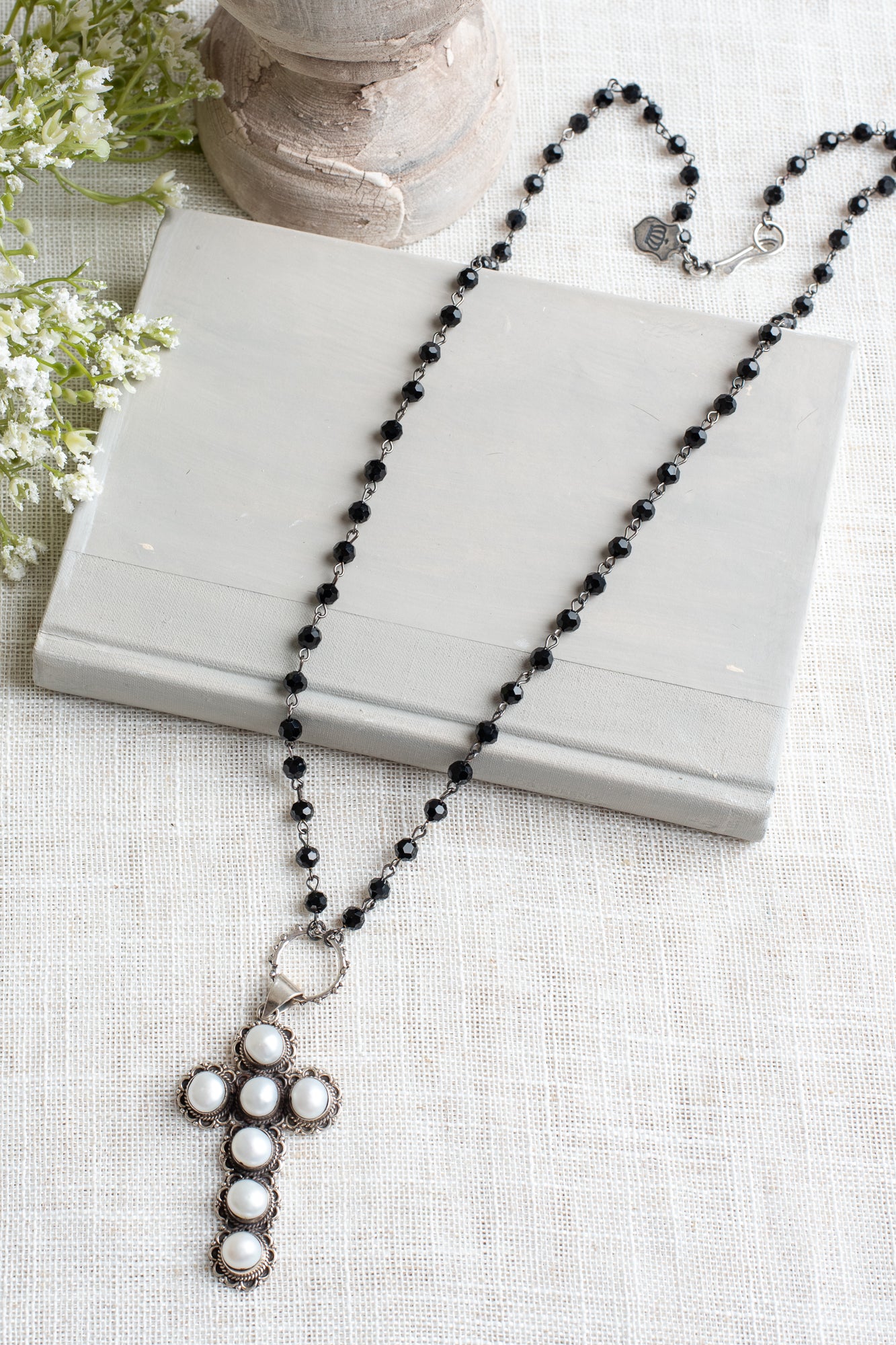 Ornate Pearl Sterling Silver Cross Pendant on a Black Crystal Rosary Chain Necklace