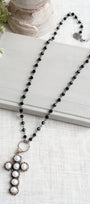 Ornate Pearl Sterling Silver Cross Pendant on a Black Crystal Rosary Chain Necklace