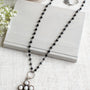 Ornate Pearl Sterling Silver Cross Pendant on a Black Crystal Rosary Chain Necklace