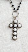 Ornate Pearl Sterling Silver Cross Pendant on a Black Crystal Rosary Chain Necklace