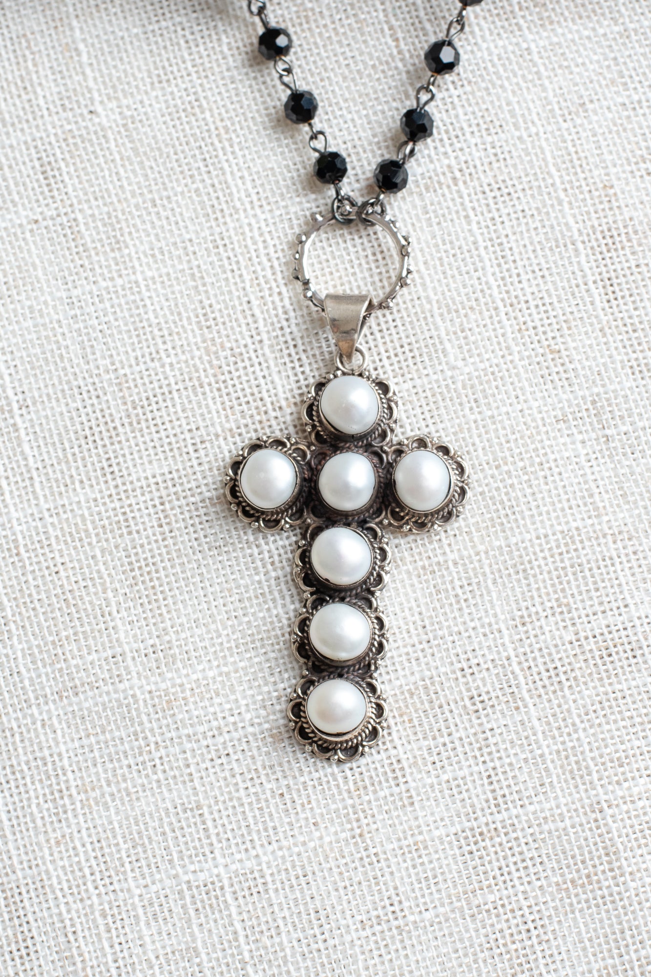 Ornate Pearl Sterling Silver Cross Pendant on a Black Crystal Rosary Chain Necklace