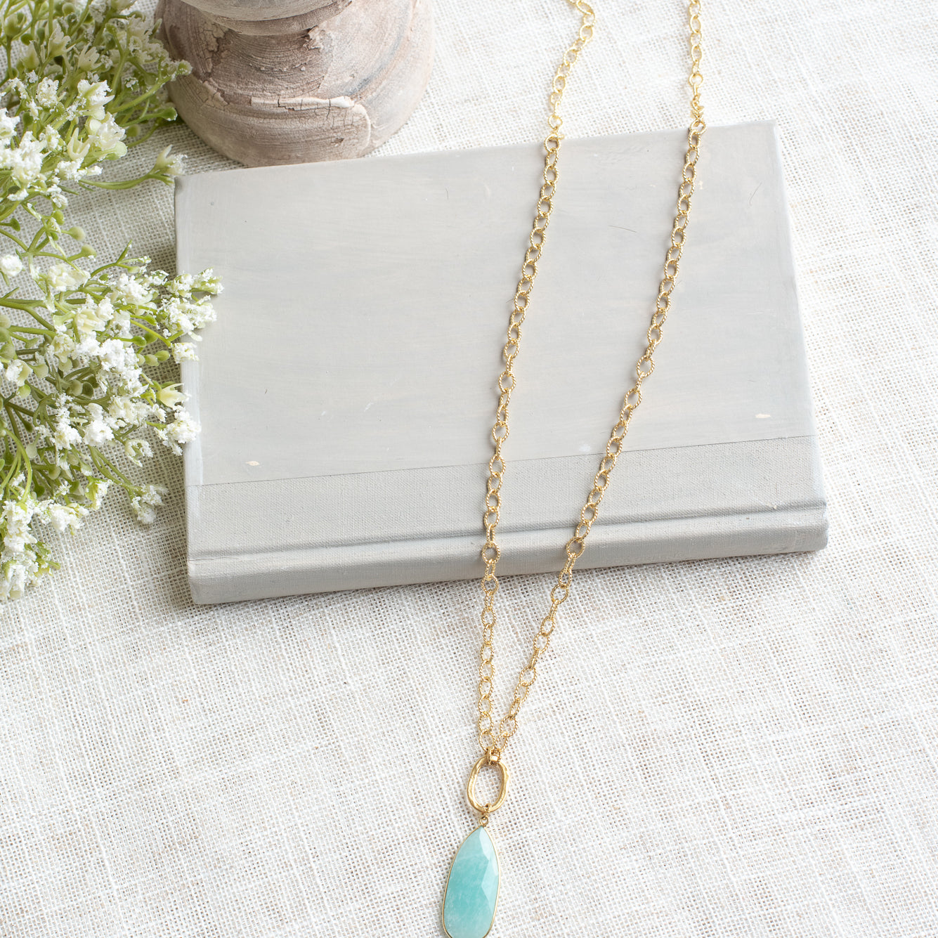 Gold Plated Oval Cross Pendant with Amazonite Drop on a Gold Plated Chain Necklace (Copy)