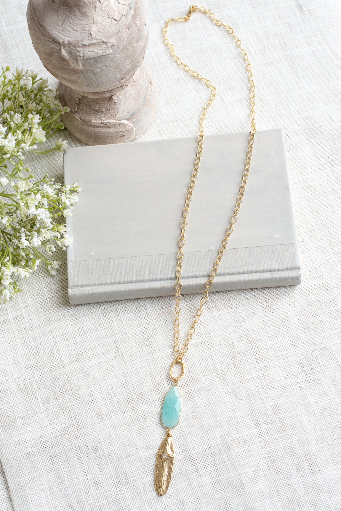 Gold Plated Oval Cross Pendant with Amazonite Drop on a Gold Plated Chain Necklace (Copy)