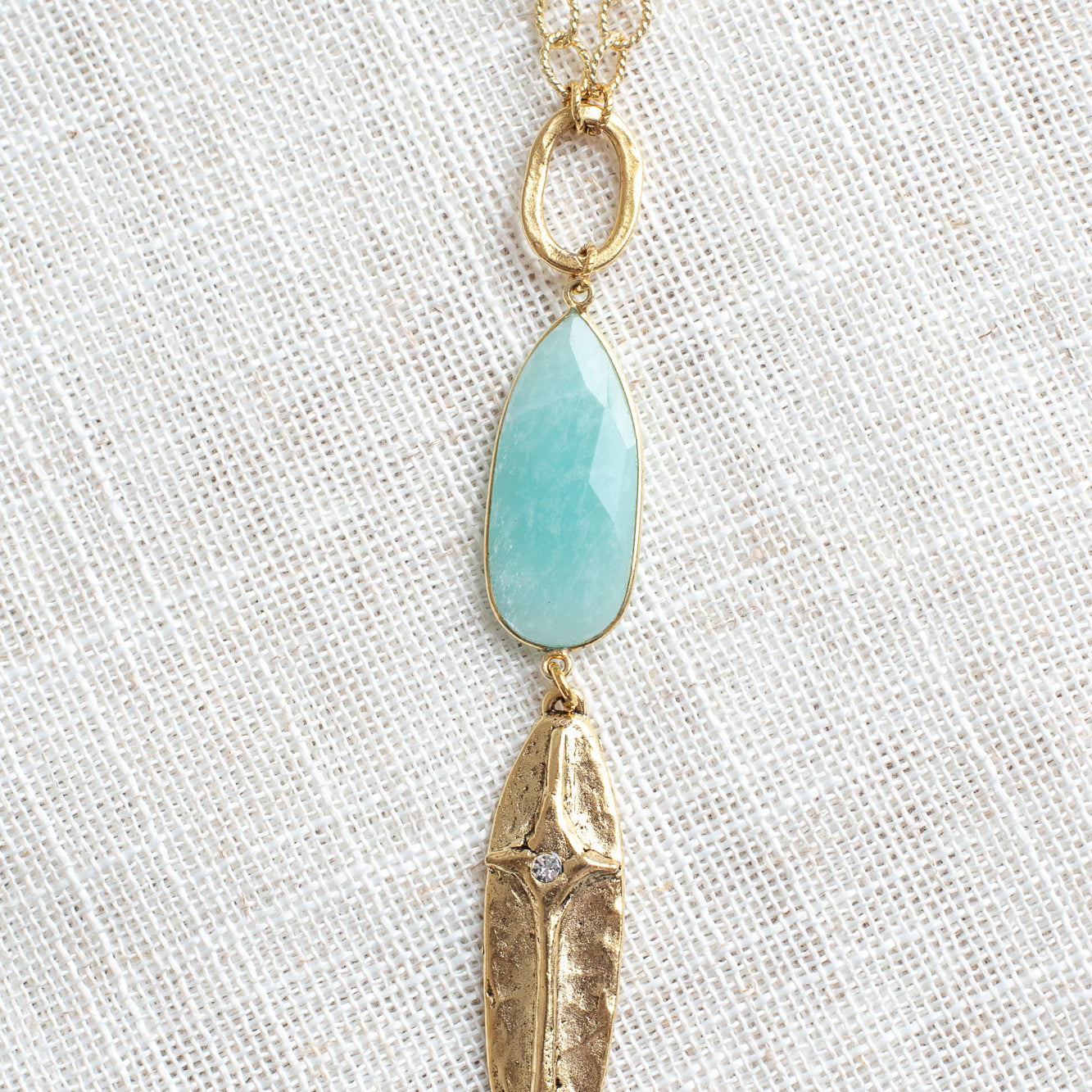 Oval Cross Pendant with Amazonite Drop on a Gold Chain Necklace