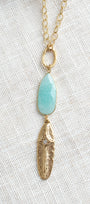 Oval Cross Pendant with Amazonite Drop on a Gold Chain Necklace