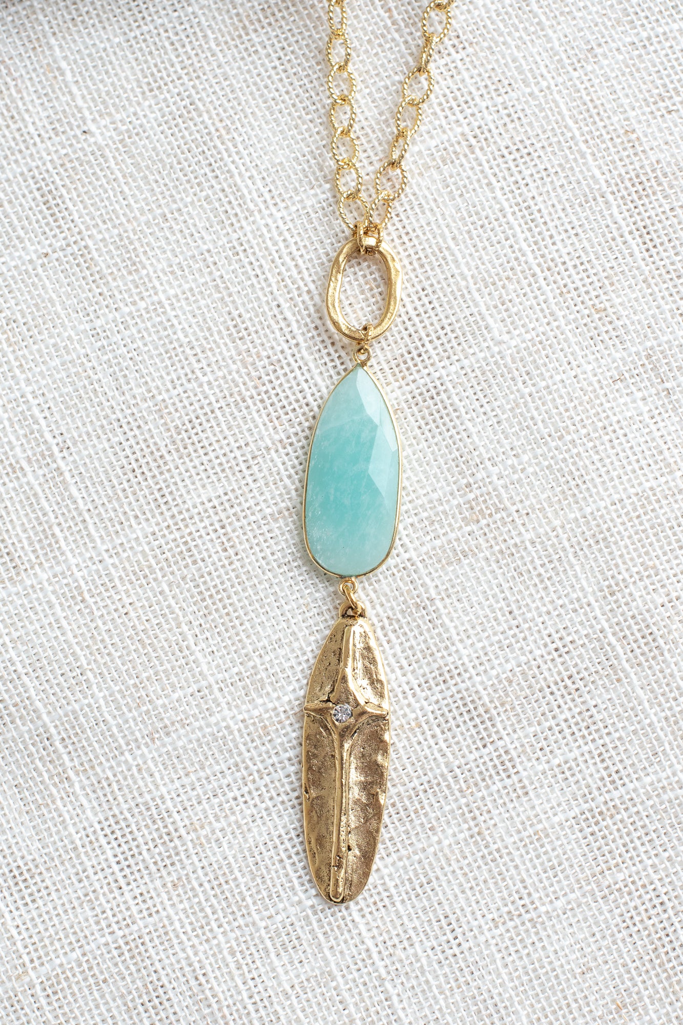 Gold Plated Oval Cross Pendant with Amazonite Drop on a Gold Plated Chain Necklace (Copy)