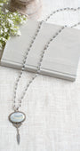 Sterling Silver Gray Opal Stone Pendant with a Feather Charm on a Gray Crystal Gunmetal Rosary Chain Necklace