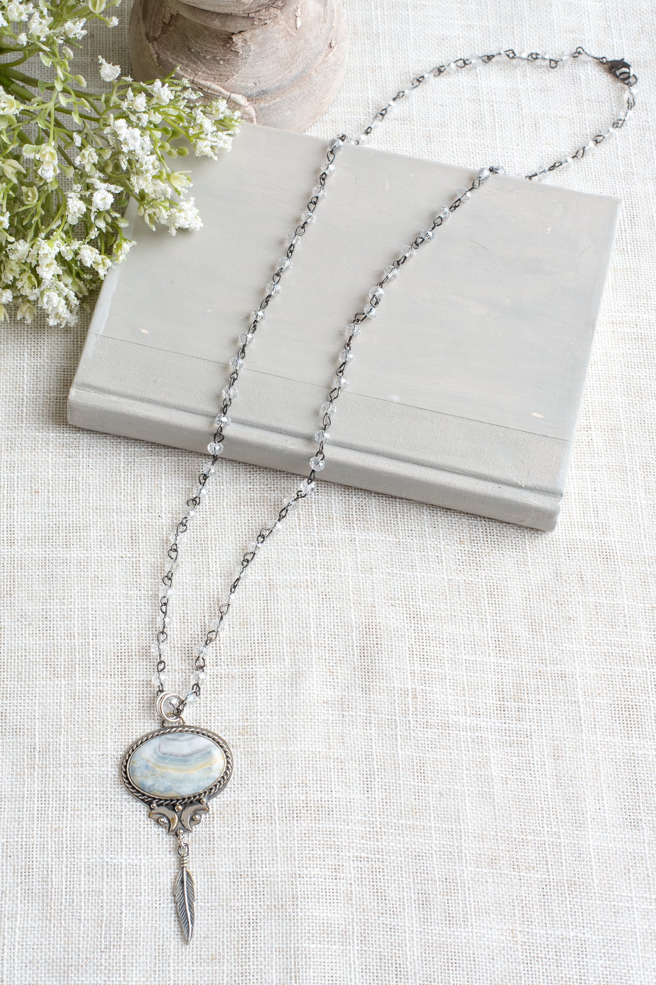 Sterling Silver Gray Opal Stone Pendant with a Feather Charm on a Gray Crystal Gunmetal Rosary Chain Necklace
