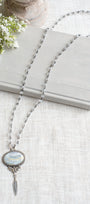 Sterling Silver Gray Opal Stone Pendant with a Feather Charm on a Gray Crystal Gunmetal Rosary Chain Necklace