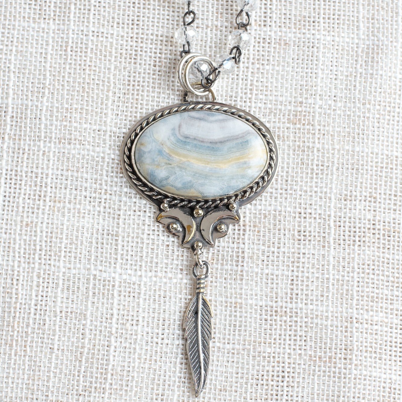 Silver Dendritic Opal Feather Pendant on a Czech Crystal Rosary Chain Necklace