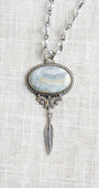 Sterling Silver Gray Opal Stone Pendant with a Feather Charm on a Gray Crystal Gunmetal Rosary Chain Necklace