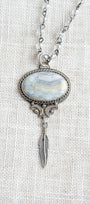 Silver Dendritic Opal Feather Pendant on a Czech Crystal Rosary Chain Necklace