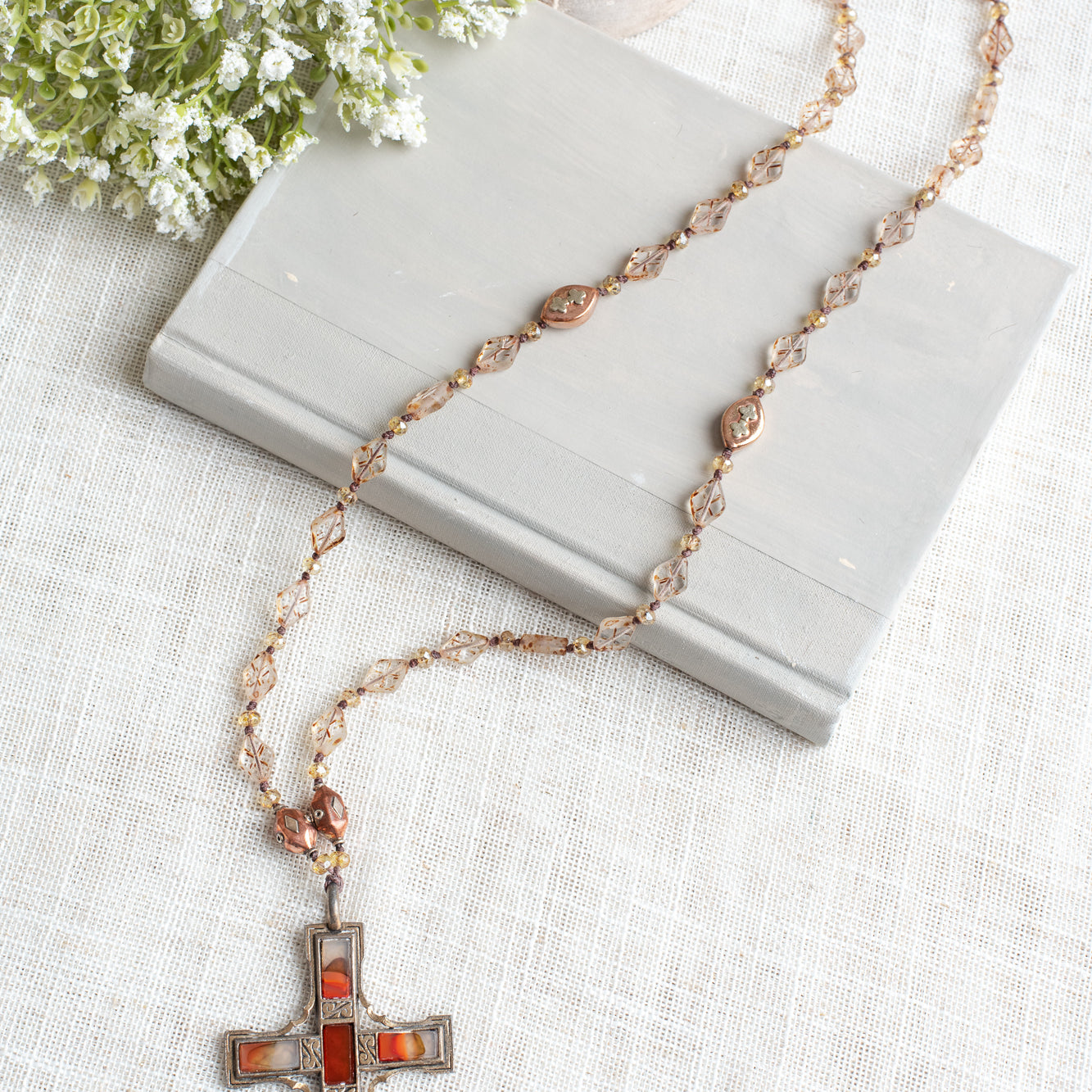 Vintage Reversible Designer "Miracle" Cross from Ireland on Faceted Antique Czech Glass Beaded Necklace