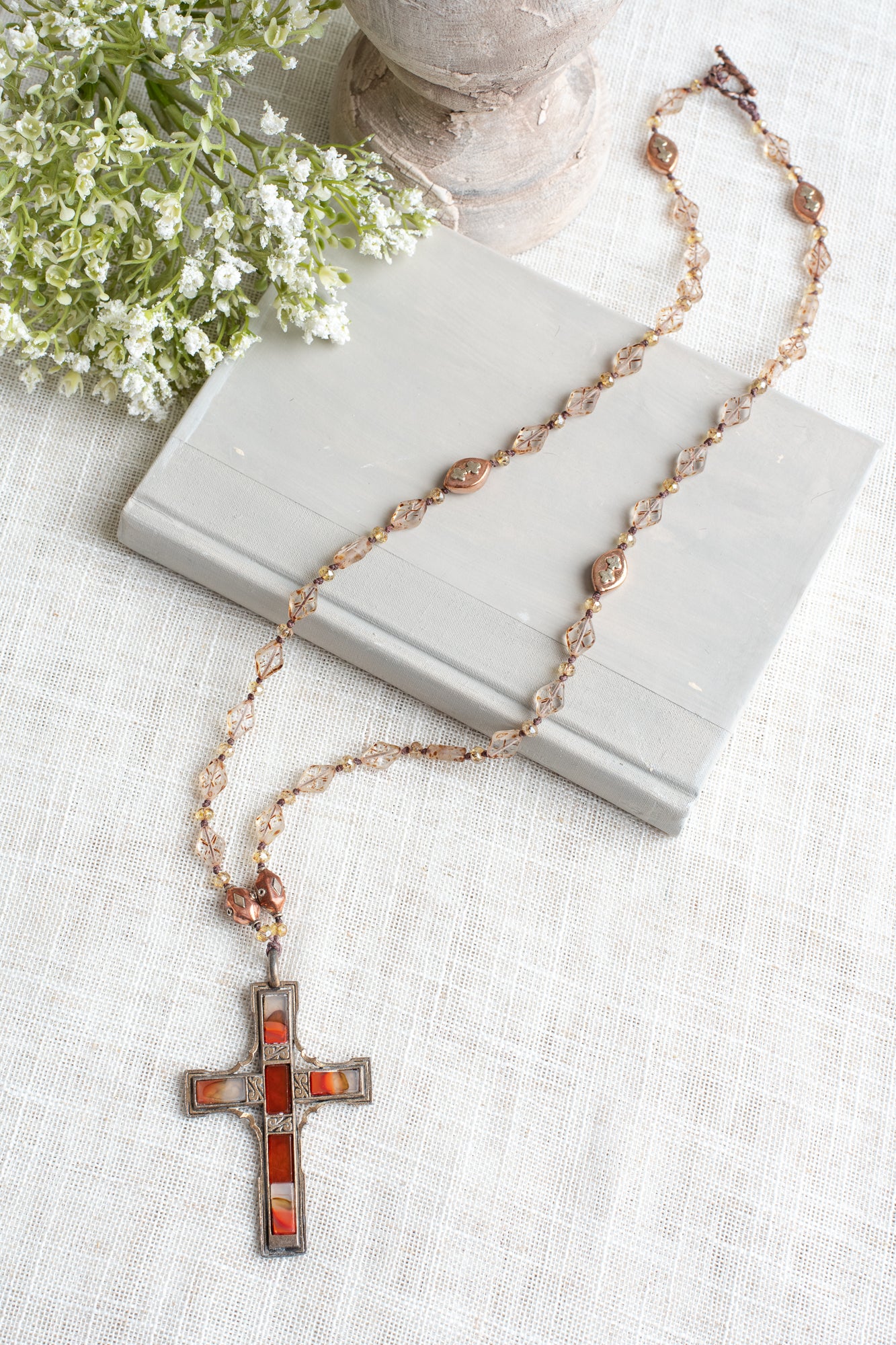 Vintage Reversible Designer "Miracle" Cross from Ireland on Faceted Antique Czech Glass Beaded Necklace
