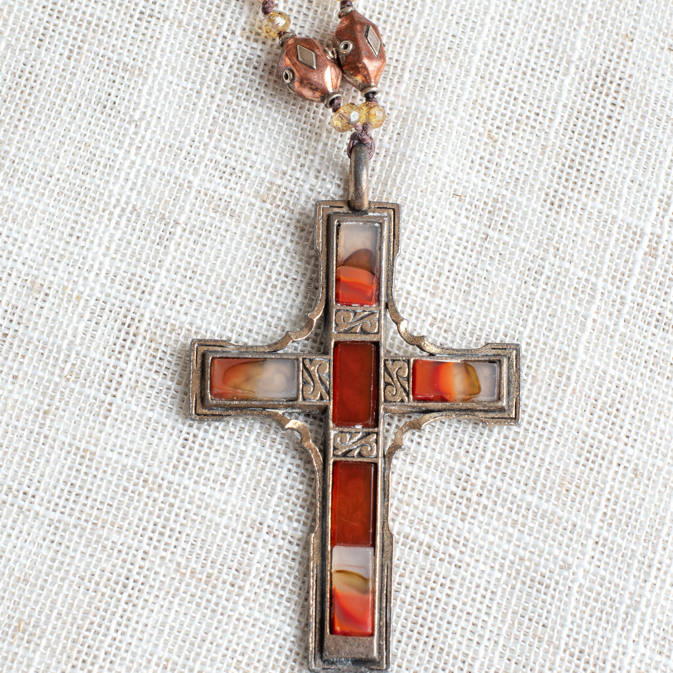 Vintage Reversible Irish Designer "Miracle" Cross on Czech Glass Beaded Necklace