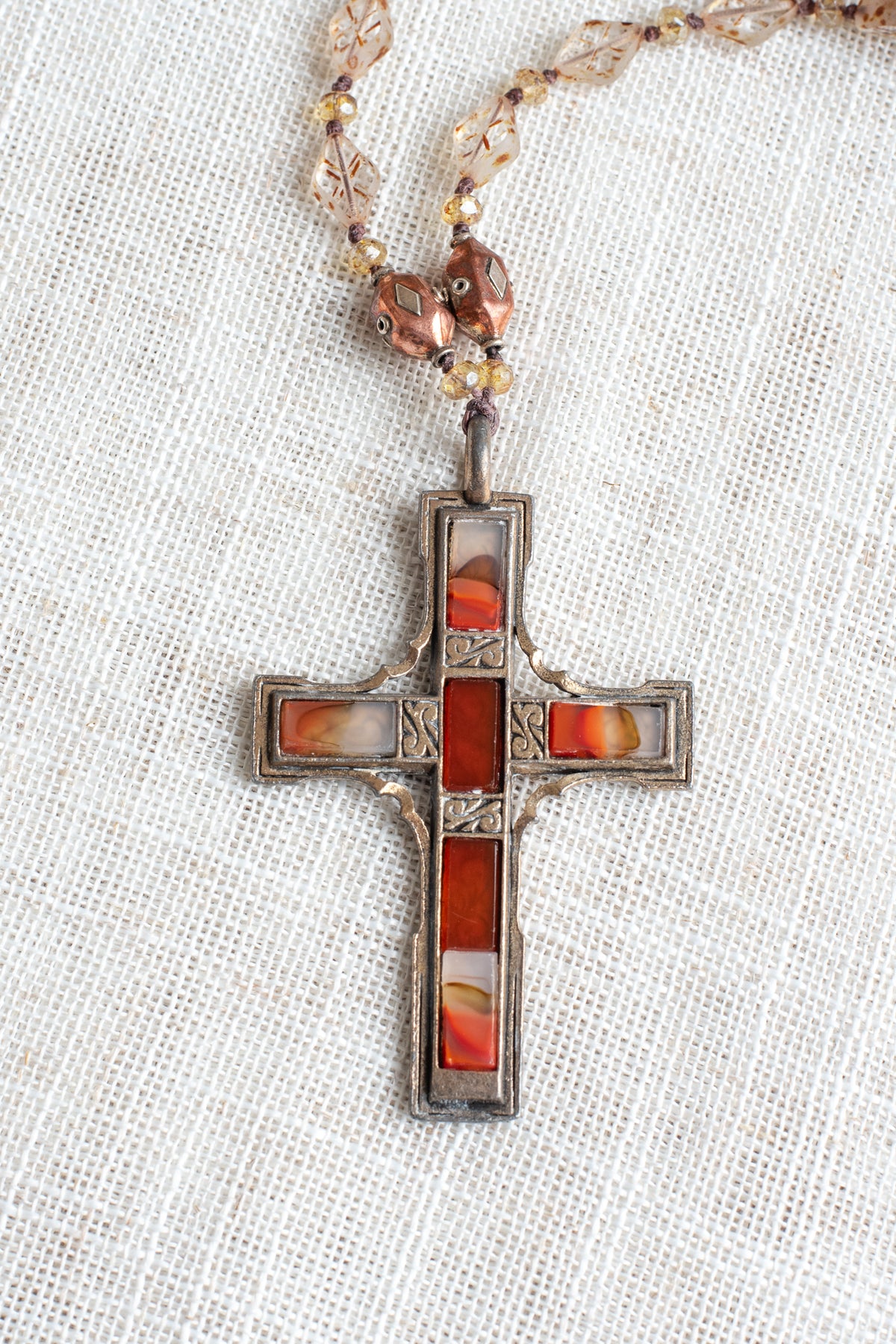 Vintage Reversible Designer "Miracle" Cross from Ireland on Faceted Antique Czech Glass Beaded Necklace