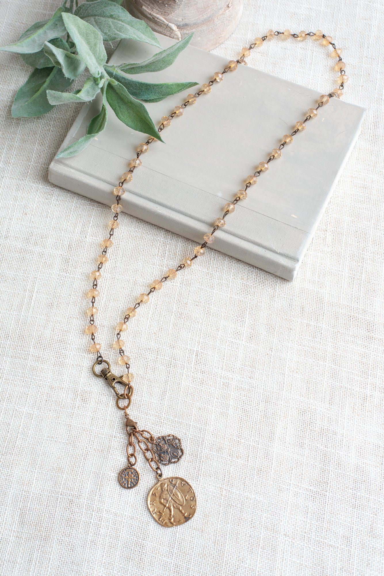 Vintage Style Bronze Coin Pendant and Catholic Charms on Peach Crystal Rosary Chain Necklace