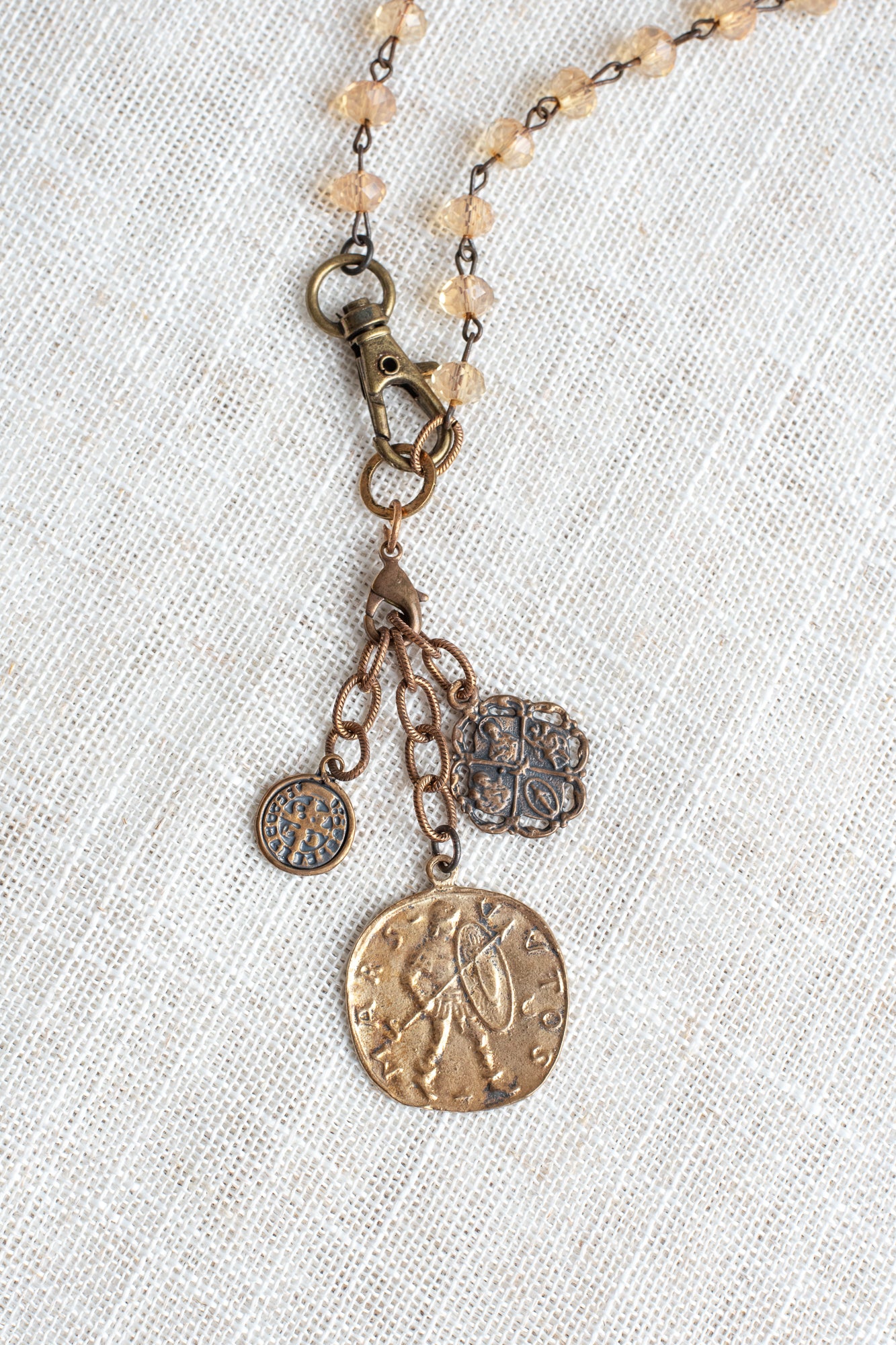 Vintage Style Bronze Coin Pendant and Catholic Charms on Peach Crystal Rosary Chain Necklace