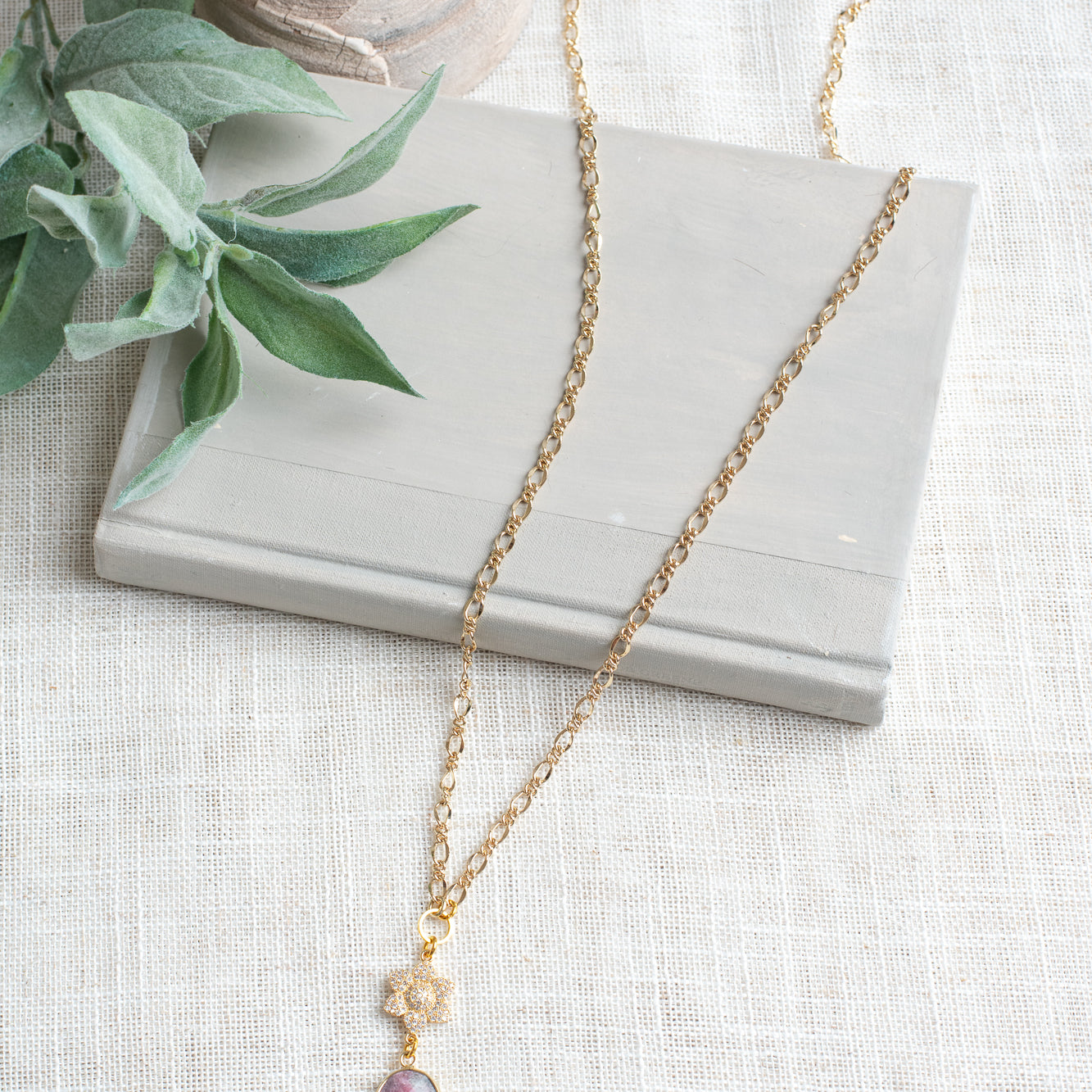 Faceted Agate Stone, Gold Plated Flower plus Crystal Cross Pendant on a Gold Chain Necklace