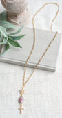 Faceted Agate Stone, Gold Plated Flower plus Crystal Cross Pendant on a Gold Chain Necklace