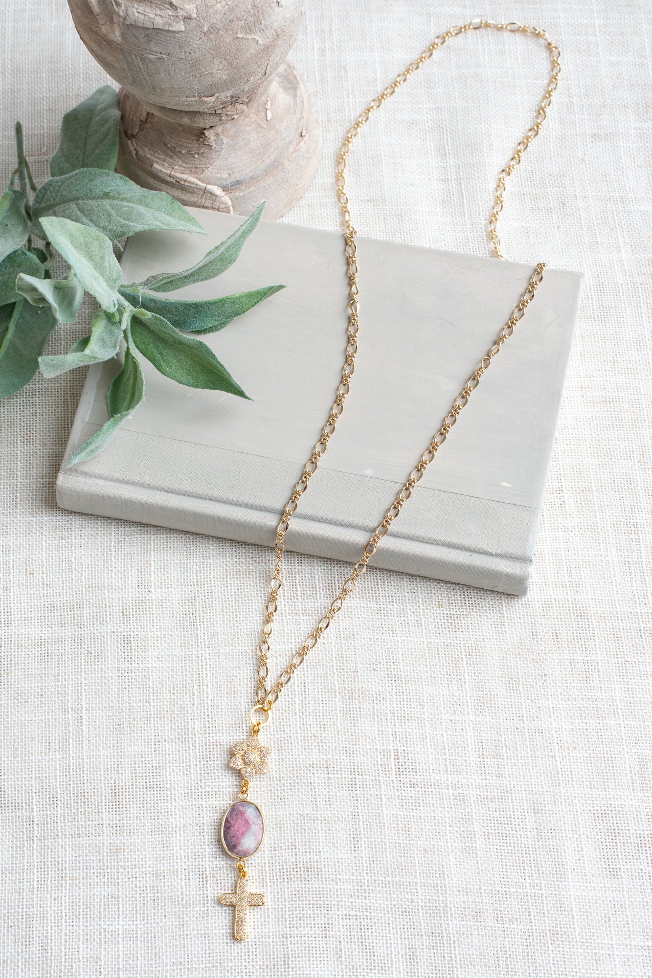 Faceted Agate Stone, Gold Plated Flower plus Crystal Cross Pendant on a Gold Chain Necklace