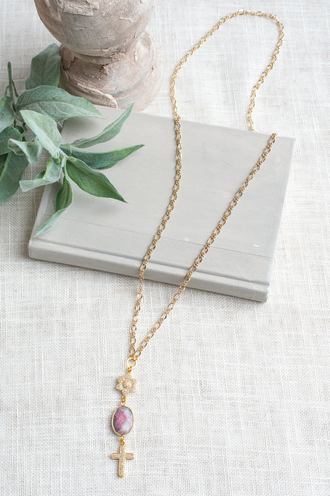 Pink and Gray Faceted Agate with Gold Plated Crystal Cross Pendant Necklace