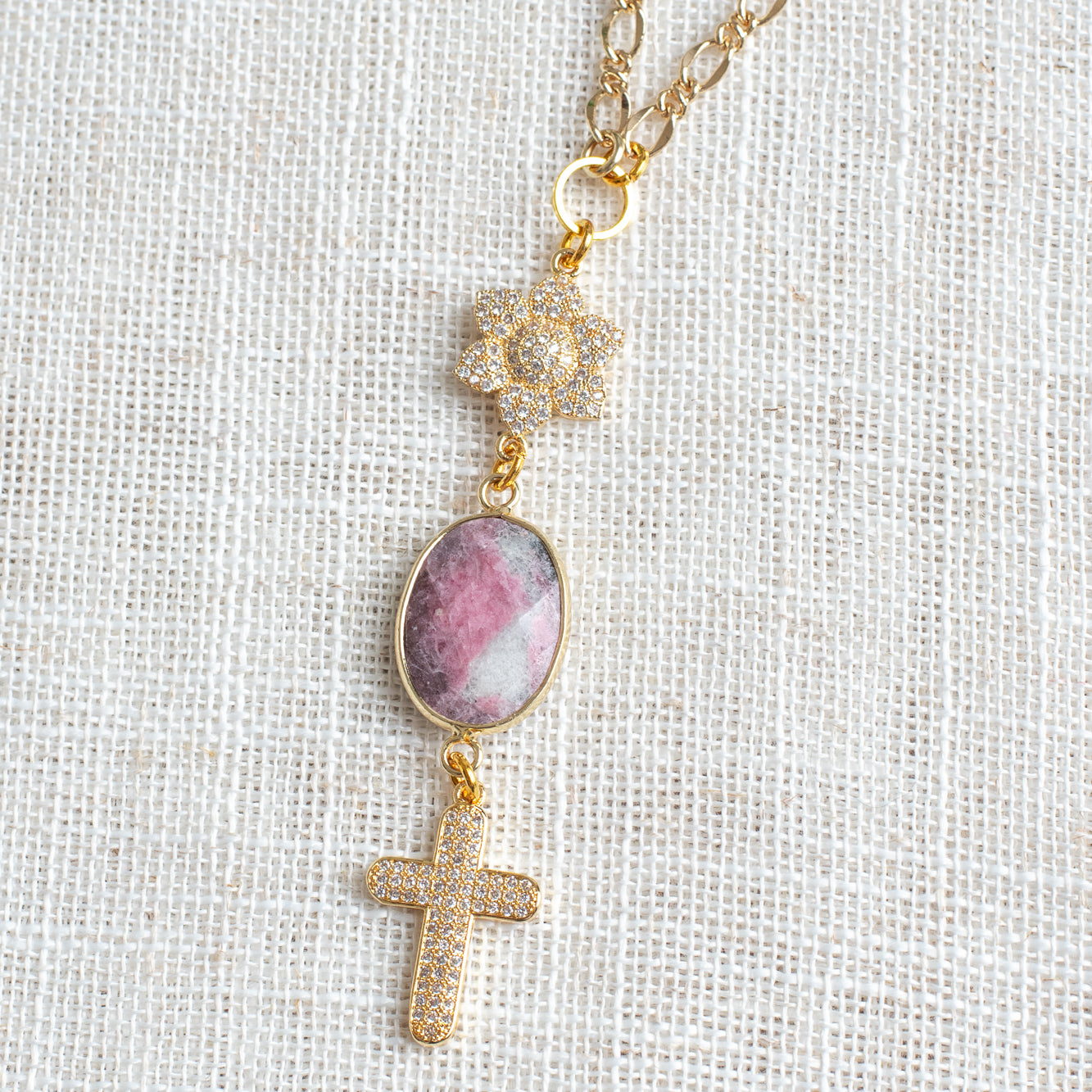 Pink & Gray Agate Gold Pavé Cross Long Necklace