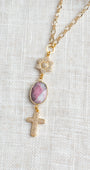 Faceted Agate Stone, Gold Plated Flower plus Crystal Cross Pendant on a Gold Chain Necklace