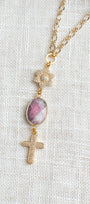 Pink & Gray Agate Gold Pavé Cross Long Necklace