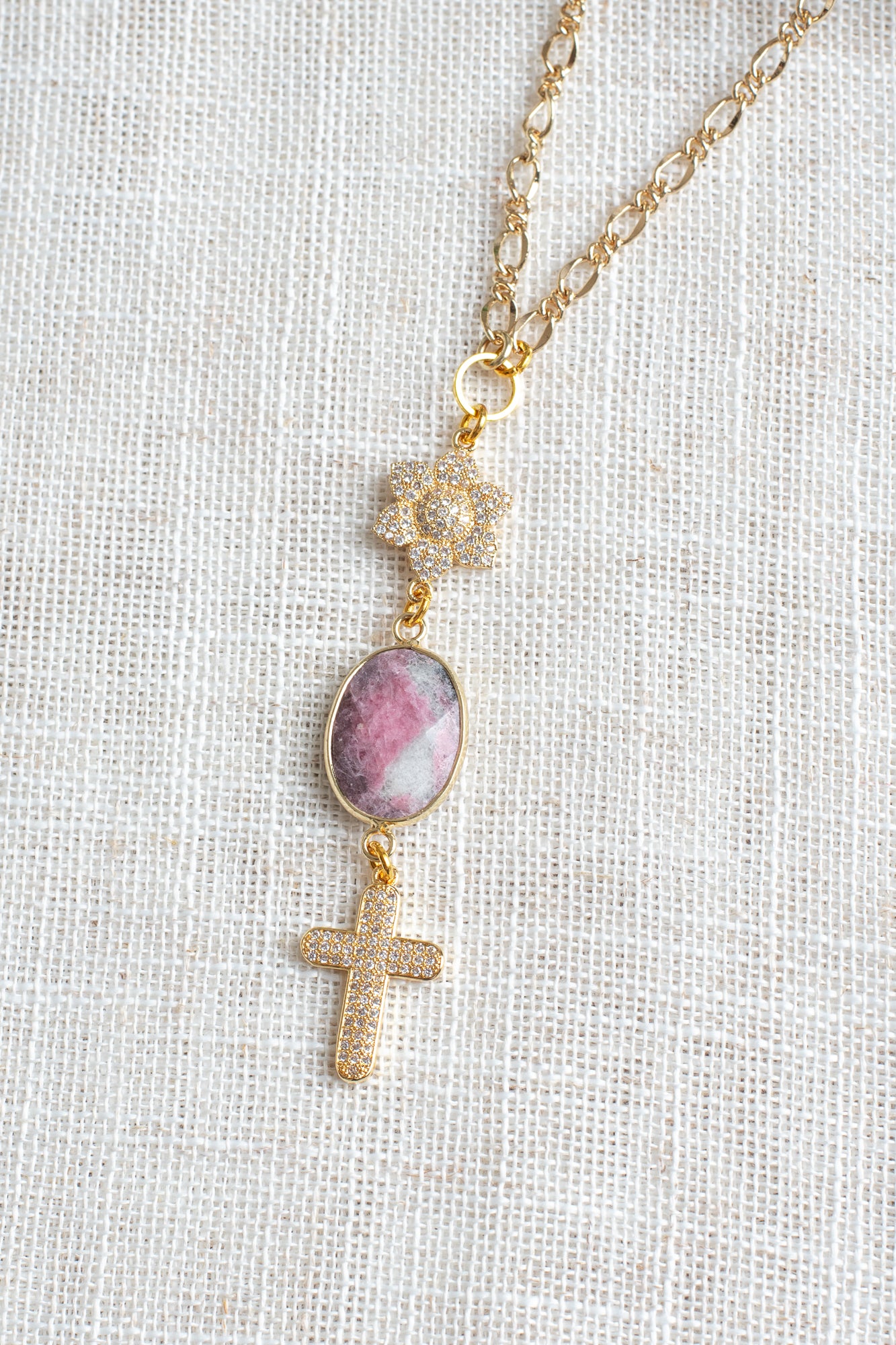 Faceted Agate Stone, Gold Plated Flower plus Crystal Cross Pendant on a Gold Chain Necklace