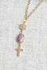 Pink and Gray Faceted Agate with Gold Plated Crystal Cross Pendant Necklace