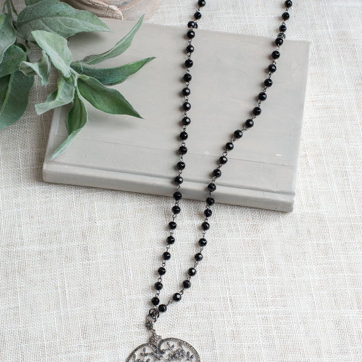Sterling Silver Marcacite Large French Filigree Scroll Articulated Pendant on a Black Crystal Rosary Chain Long Necklace