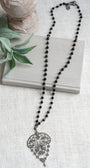 Sterling Silver Marcacite Large French Filigree Scroll Articulated Pendant on a Black Crystal Rosary Chain Long Necklace