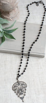 Sterling Silver Marcacite Large French Filigree Scroll Articulated Pendant on a Black Crystal Rosary Chain Long Necklace
