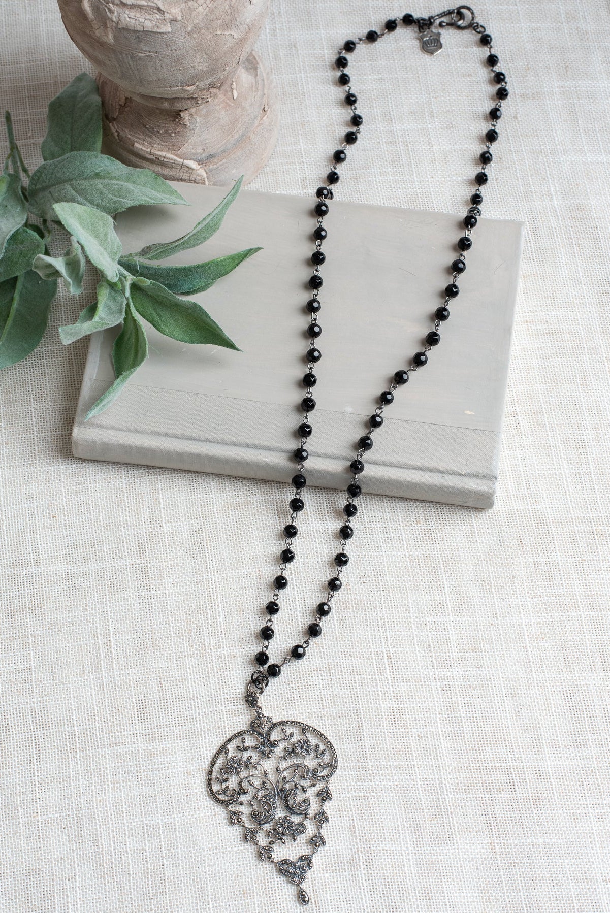 Sterling Silver Marcacite Large French Filigree Scroll Articulated Pendant on a Black Crystal Rosary Chain Long Necklace