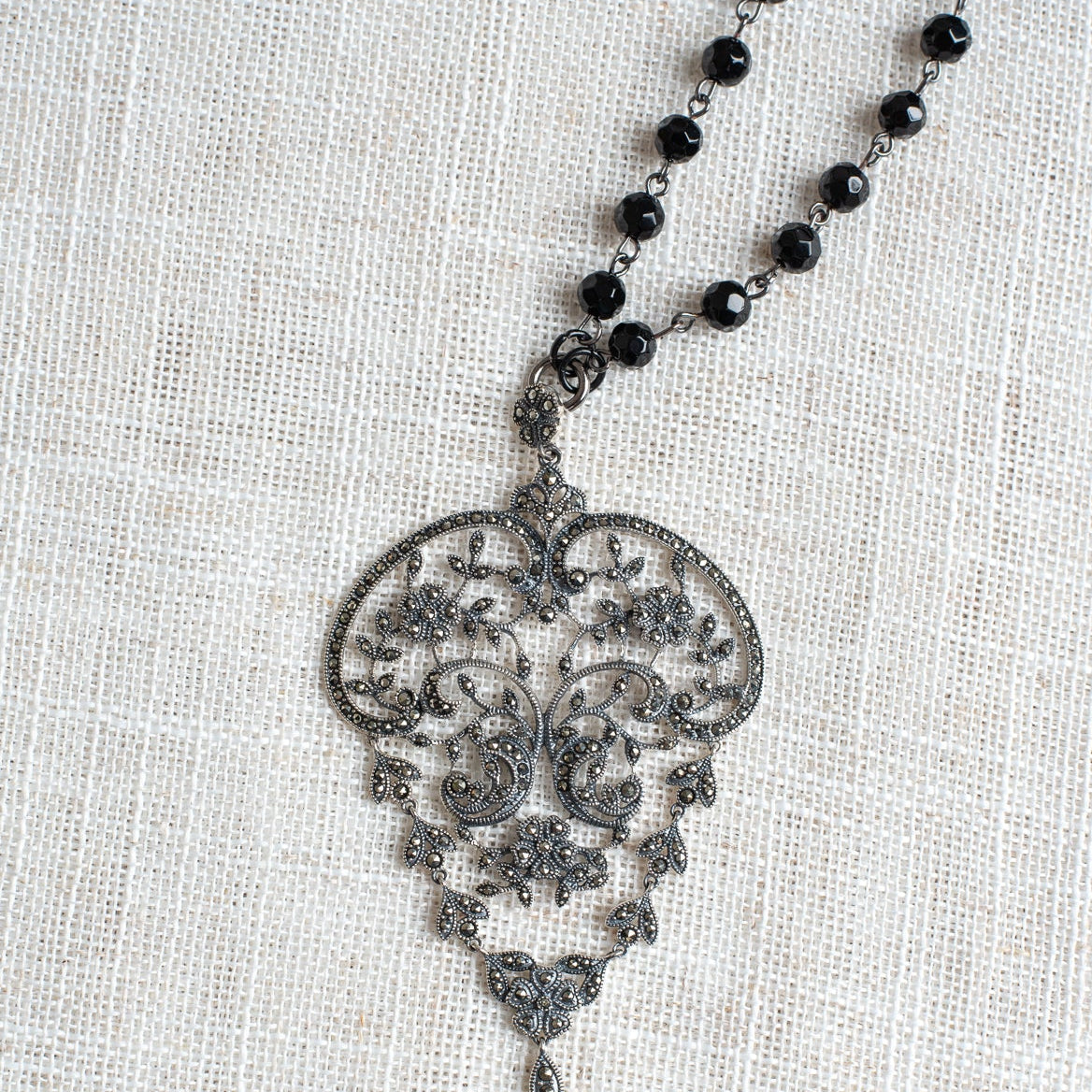 Sterling Silver Marcacite French Filigree on a Black Crystal Rosary Chain Long Necklace