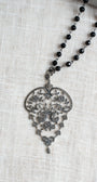 Sterling Silver Marcacite Large French Filigree Scroll Articulated Pendant on a Black Crystal Rosary Chain Long Necklace