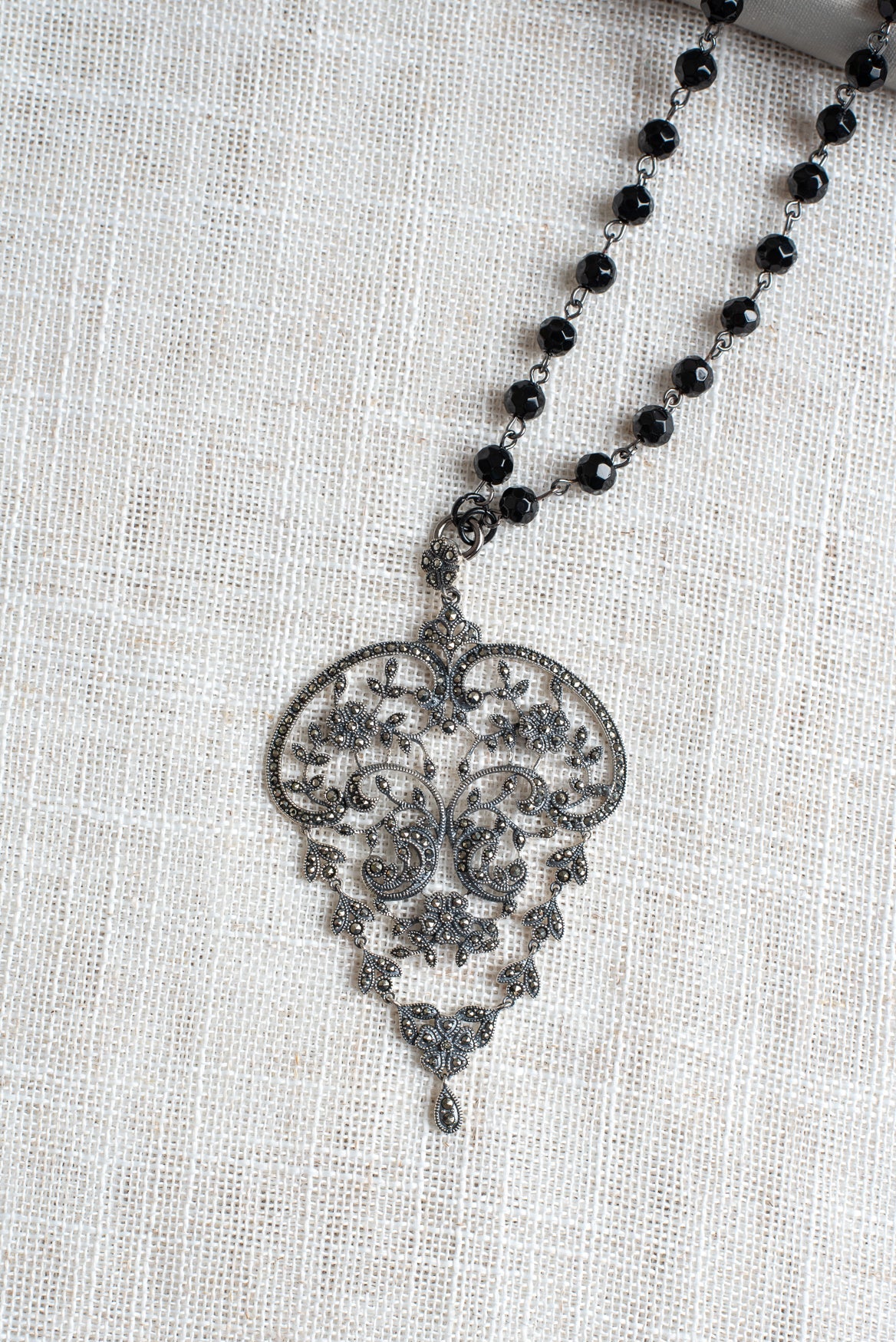 Sterling Silver Marcacite Large French Filigree Scroll Articulated Pendant on a Black Crystal Rosary Chain Long Necklace